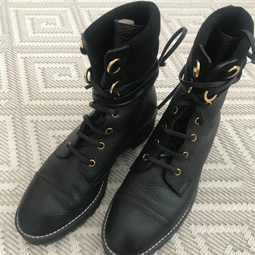 STEWART WEITZMAN BLACK COMBAT BOOTS, SIZE 7
